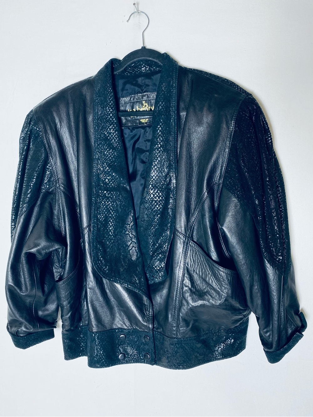 Vintage 80s Joe Henrys Black Leather Cropped Batwing Jacket L Retro